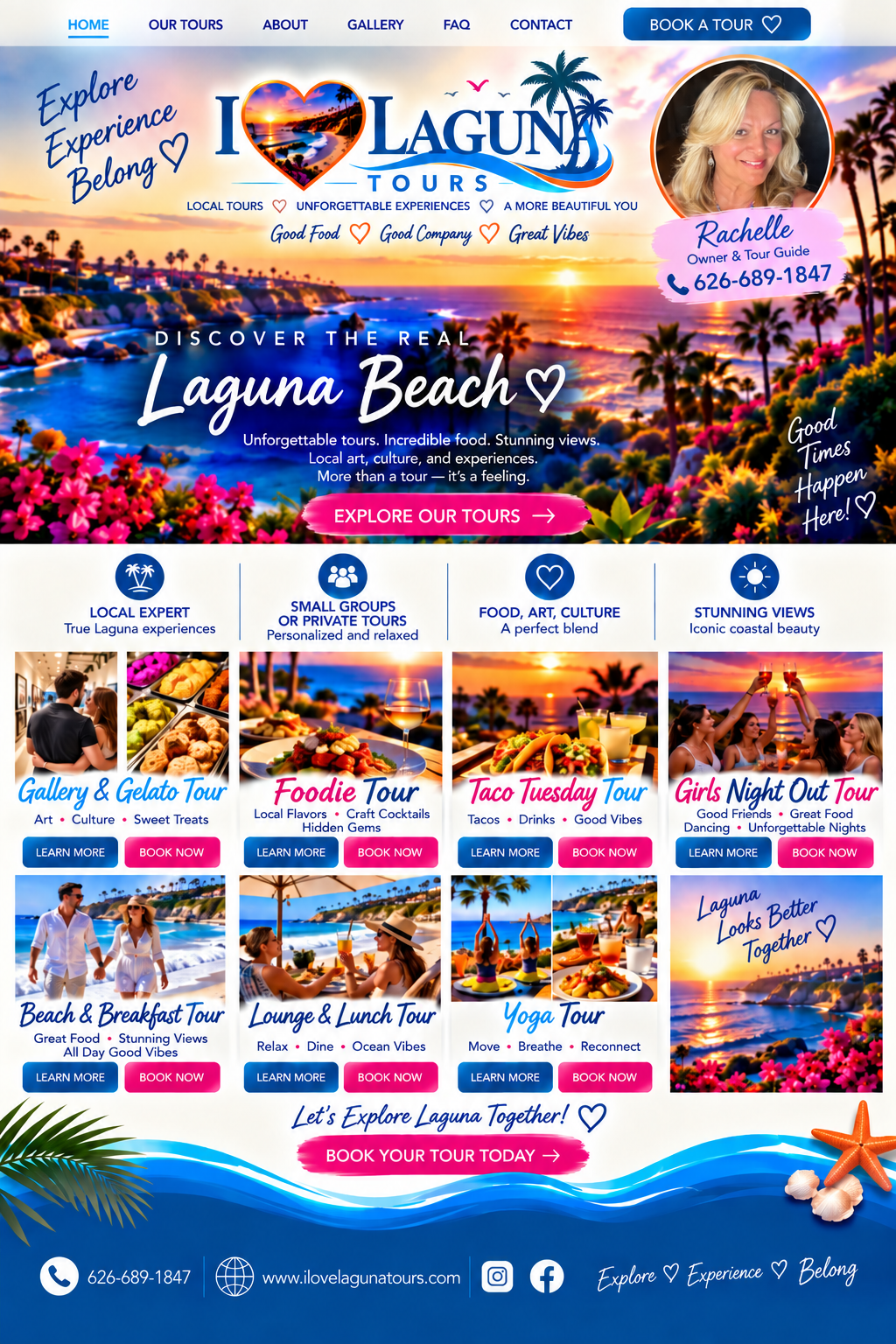 I Love Laguna Tours homepage featuring Rachelle and seven Laguna Beach tour experiences